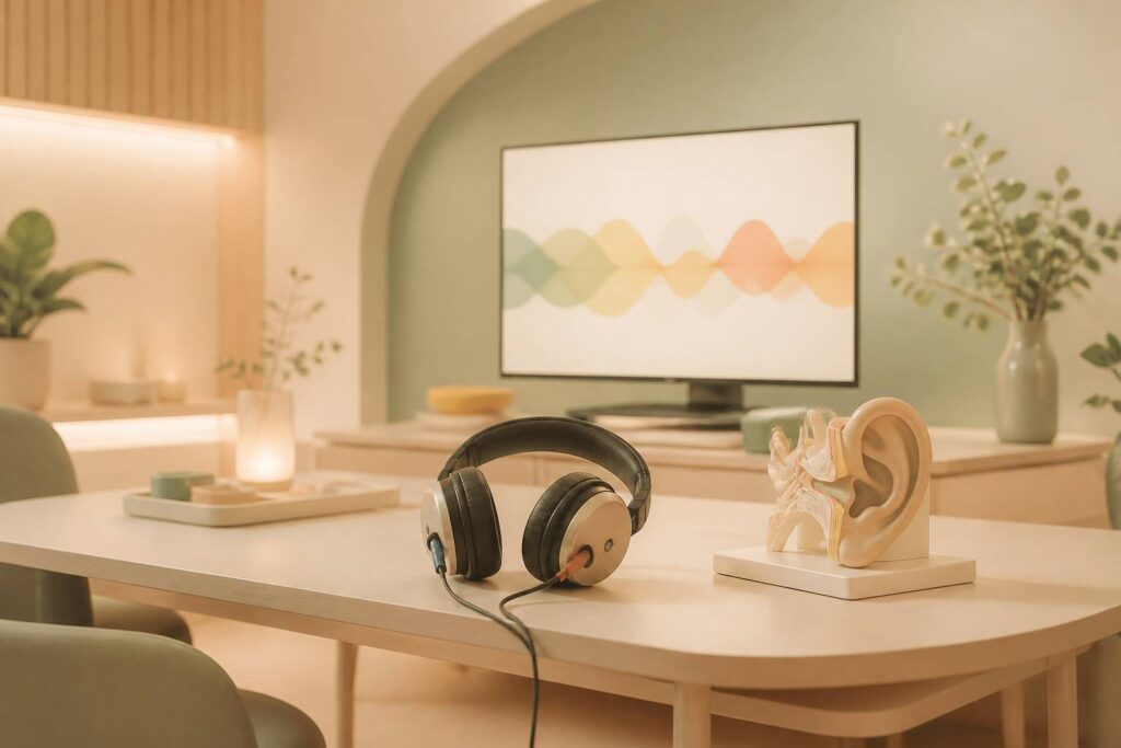 Casque de test auditif et modèle d'oreille dans un cabinet