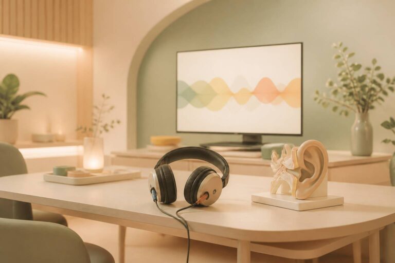 Casque de test auditif et modèle d'oreille dans un cabinet