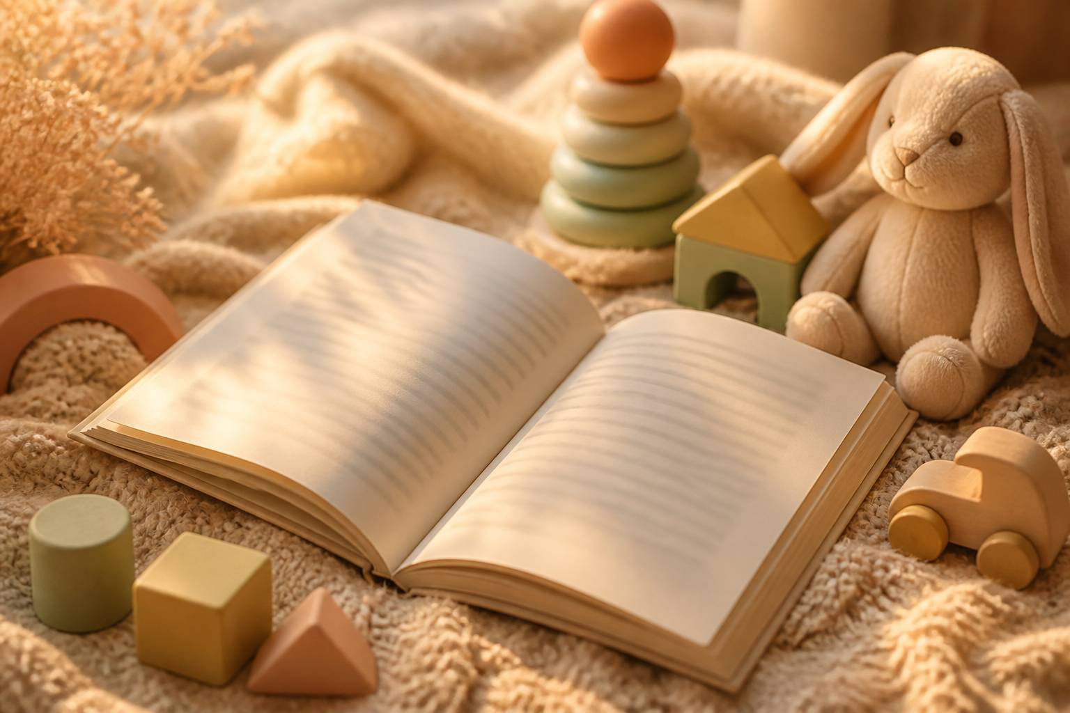 Livre de prénoms ouvert sur la page Olympe avec jouets en bois à côté