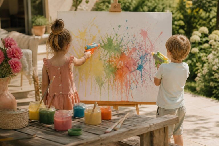 Enfants peignant à l'eau avec des pistolets sur un chevalet de jardin