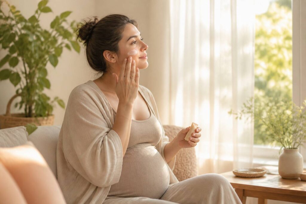 Pregnant woman applying sunscreen to her cheek in soft morning light