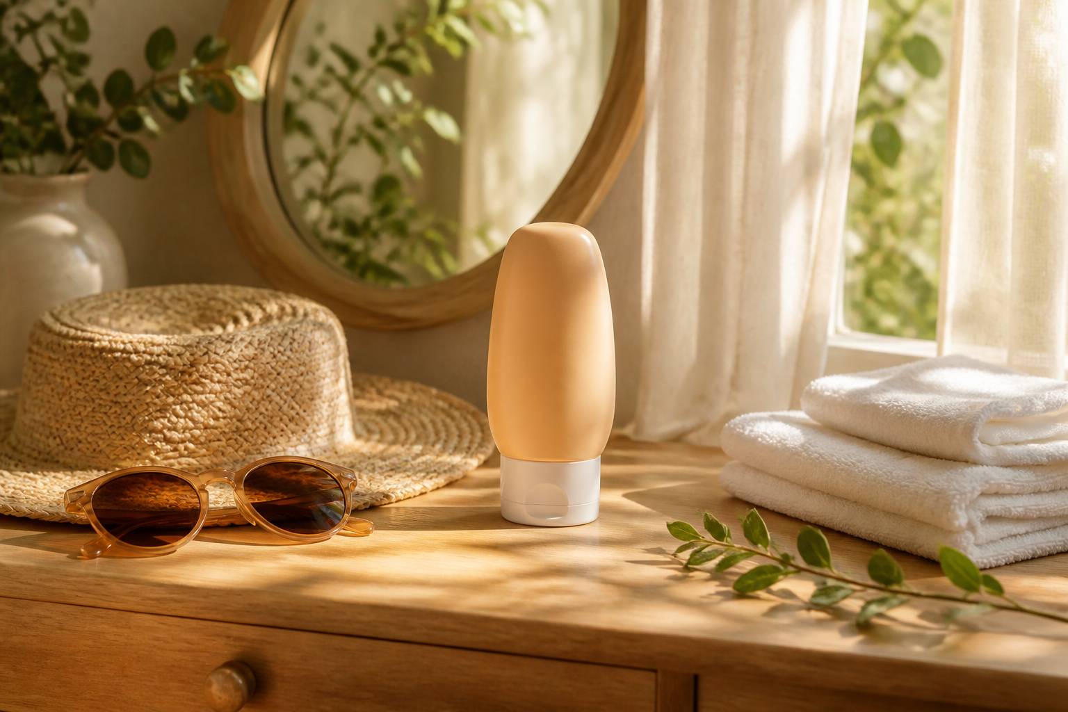 Sunscreen bottle, straw hat and sunglasses on a bright wooden table