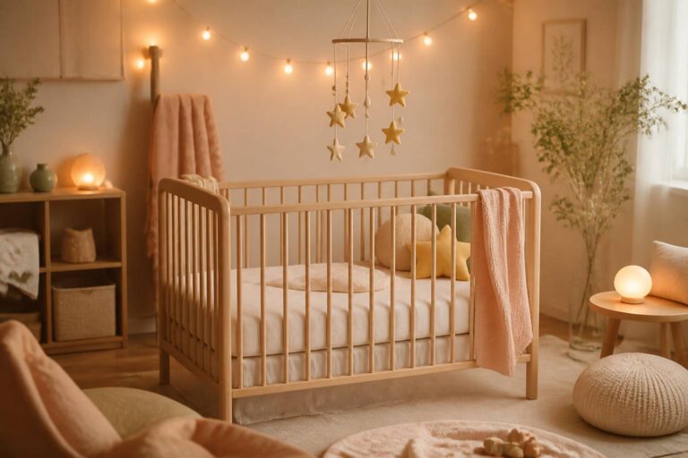 Chambre de bébé douce avec mobile étoilé et lumière chaude