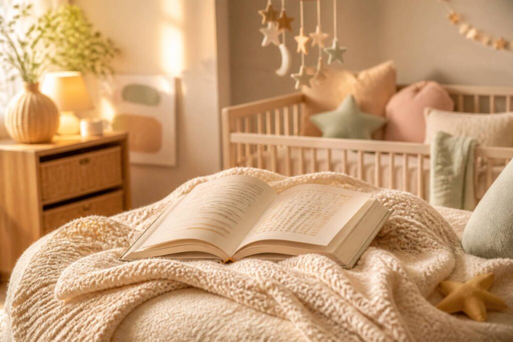 Livre de prénoms ouvert posé sur une couverture en tricot dans une chambre de bébé douce
