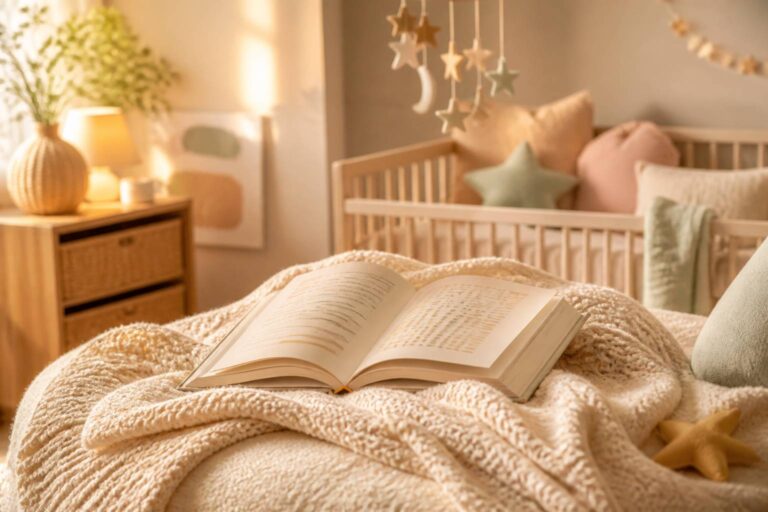 Livre de prénoms ouvert posé sur une couverture en tricot dans une chambre de bébé douce