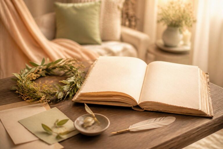 Livre ancien de prénoms ouvert avec une couronne de lauriers dans un coin lecture cosy