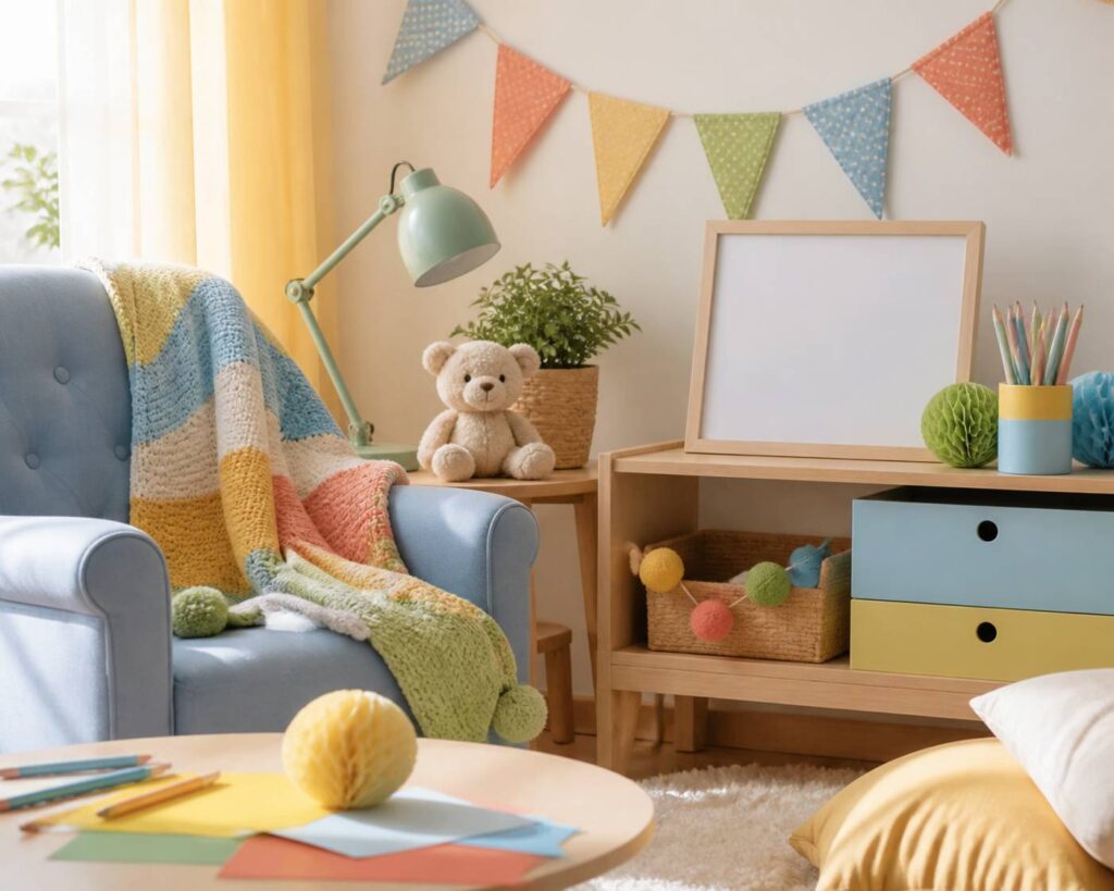 Coin douillet de chambre de bébé avec un cadre d'annonce de naissance et une couverture tricotée