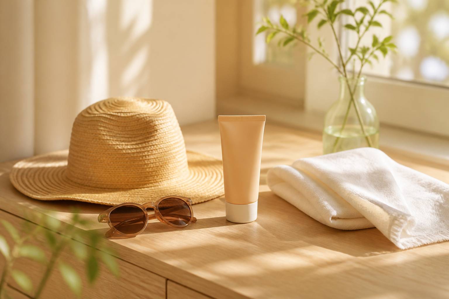 Flacon de crème solaire, chapeau de paille et lunettes de soleil sur une table claire