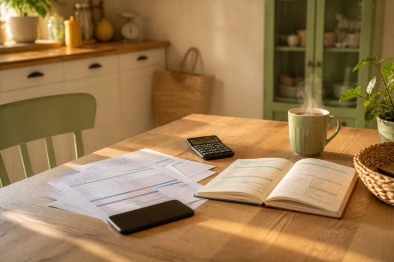 Relevés bancaires et calculatrice sur une table de cuisine familiale