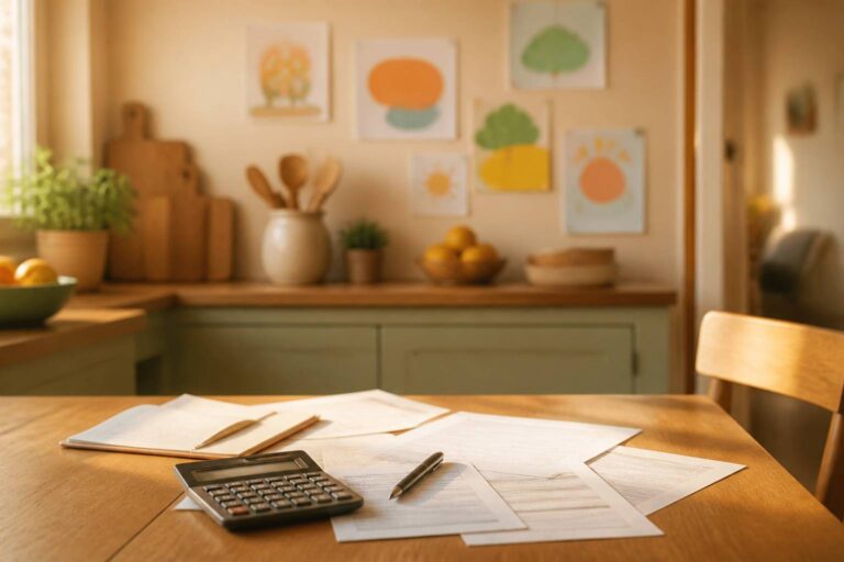 Table de cuisine familiale avec relevés bancaires et calculatrice pour réduire les frais