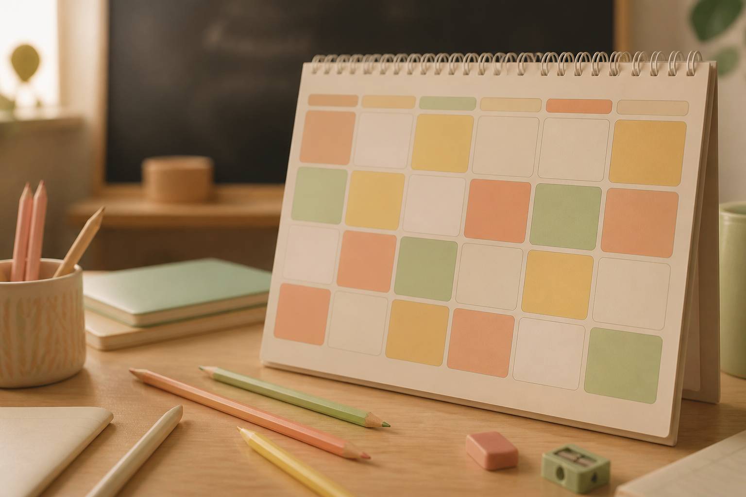 Calendrier mural coloré avec crayons sur un bureau