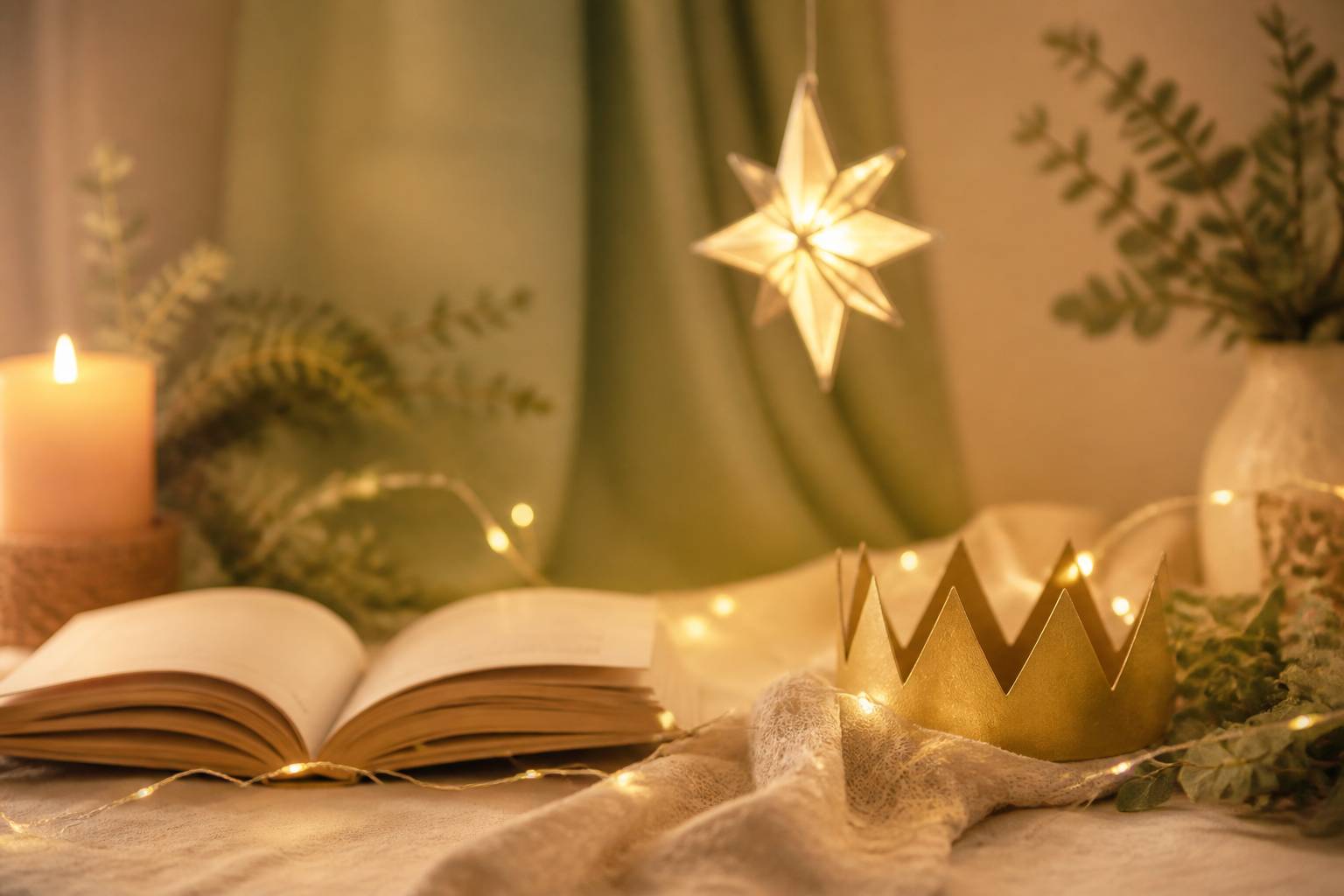 Scène d'Épiphanie douce avec livre, couronne et bougie allumée