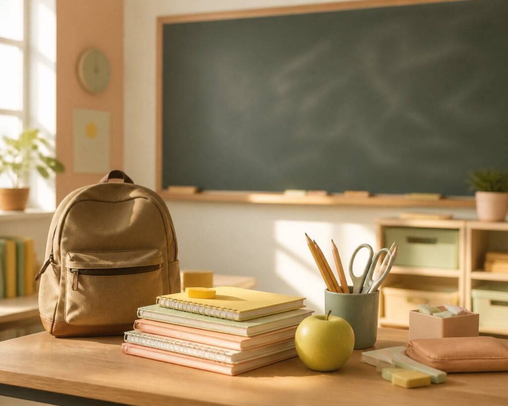 Chalkboard with blurred writing and school supplies in a bright classroom