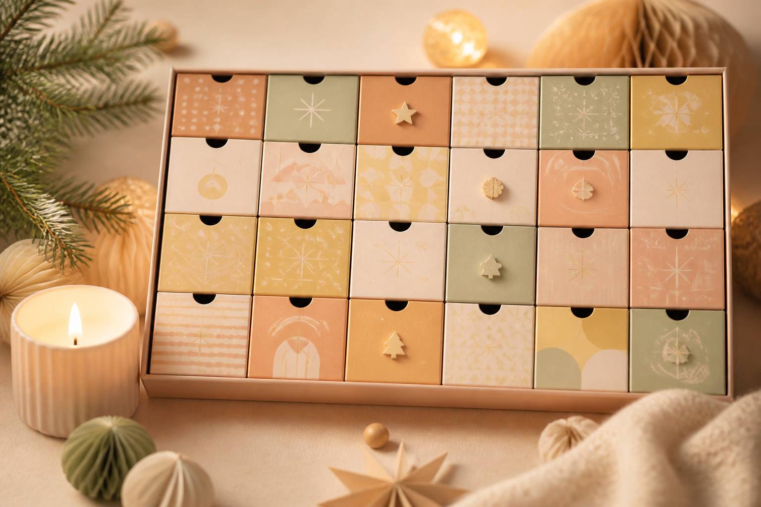 Advent calendar with decorated boxes in warm light