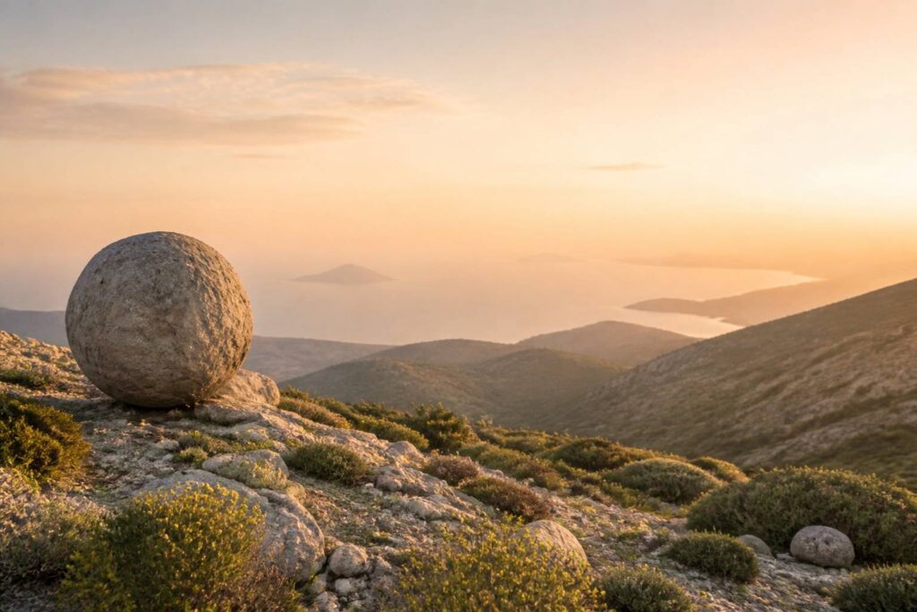 Grosse pierre ronde au sommet d'une montagne grecque au lever du soleil