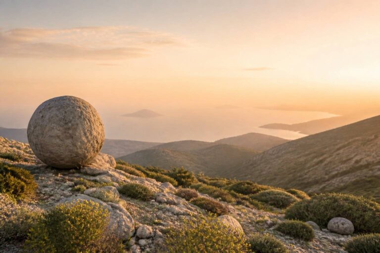 Grosse pierre ronde au sommet d'une montagne grecque au lever du soleil