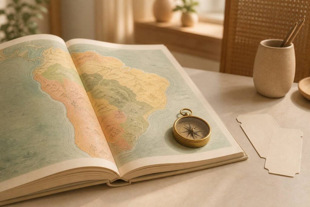 Atlas ouvert sur une carte d'Amérique du Sud avec boussole