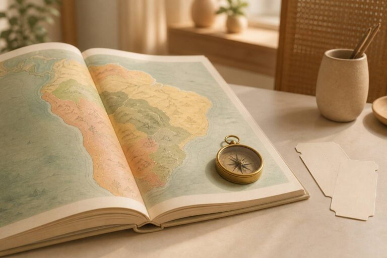 Atlas ouvert sur une carte d'Amérique du Sud avec boussole