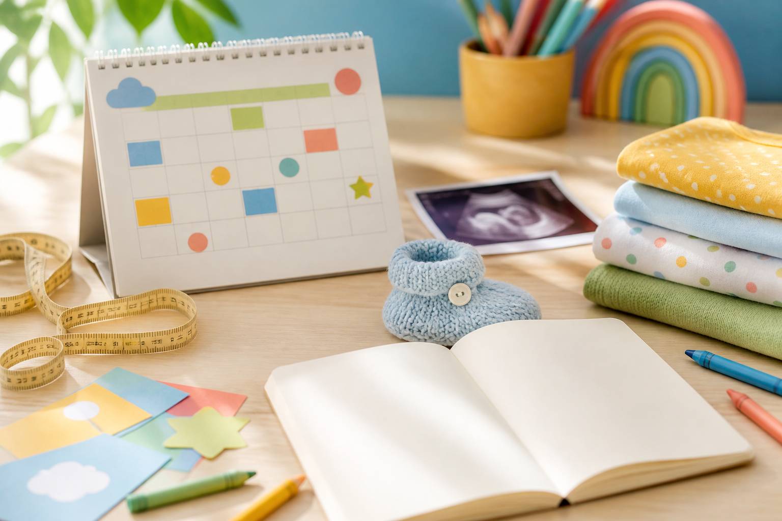 Blurred ultrasound image, illustrated calendar and baby bootie on a table