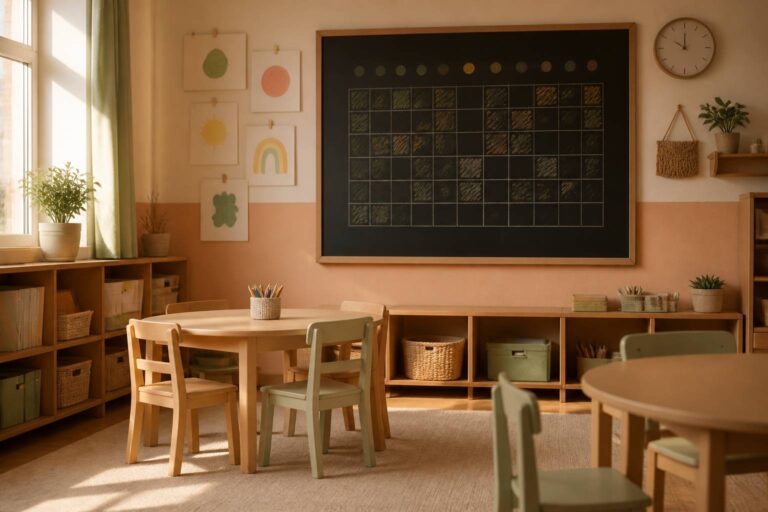 Tableau noir avec calendrier et dessins d'enfants
