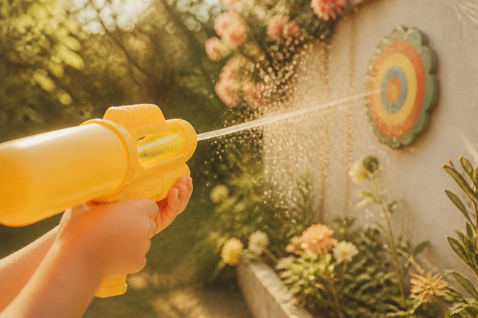 Gros plan d'un pistolet à eau projetant un jet vers une cible colorée
