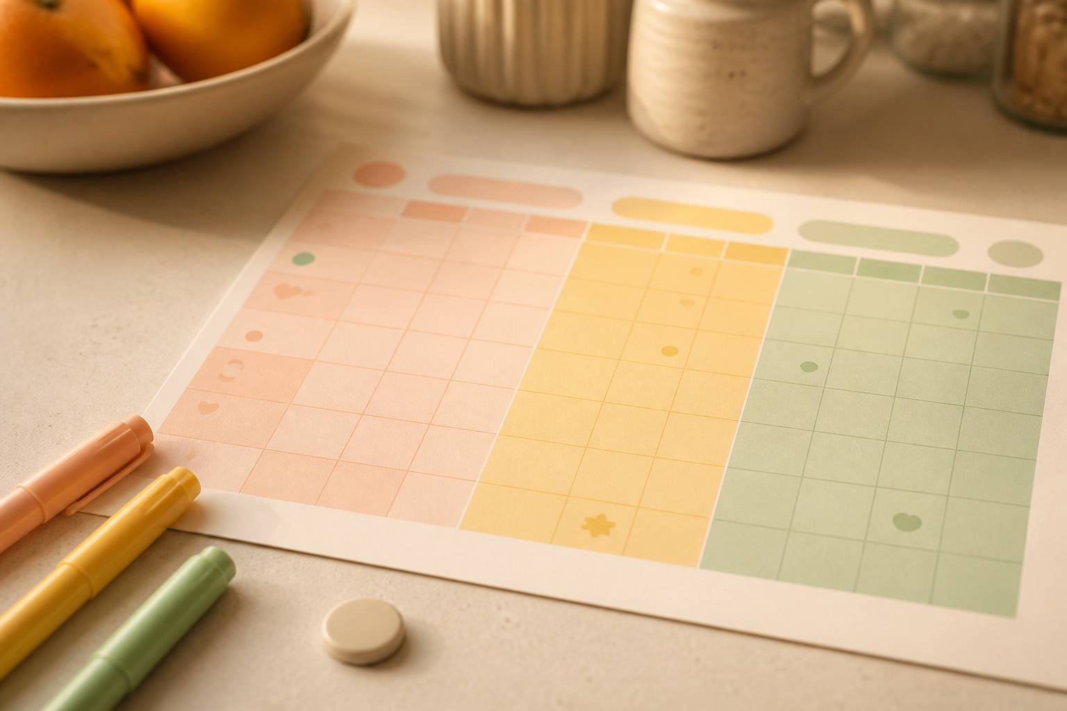 Calendrier scolaire avec trois zones de couleurs pastel et feutres