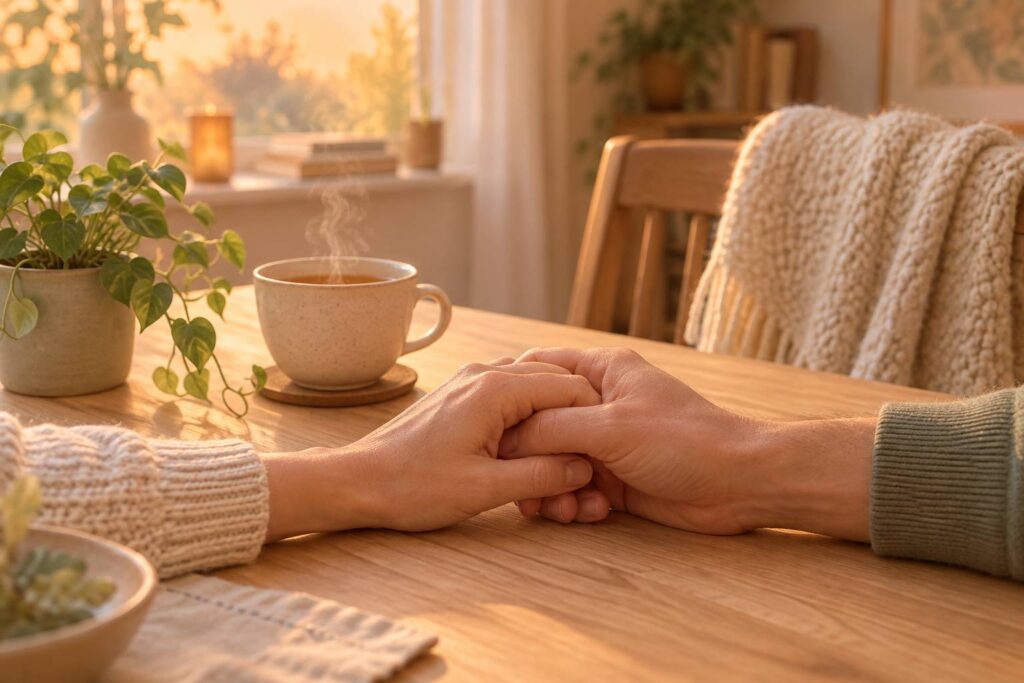 Mains d'adultes enlacées au-dessus d'une tasse de thé fumante dans une lumière chaude