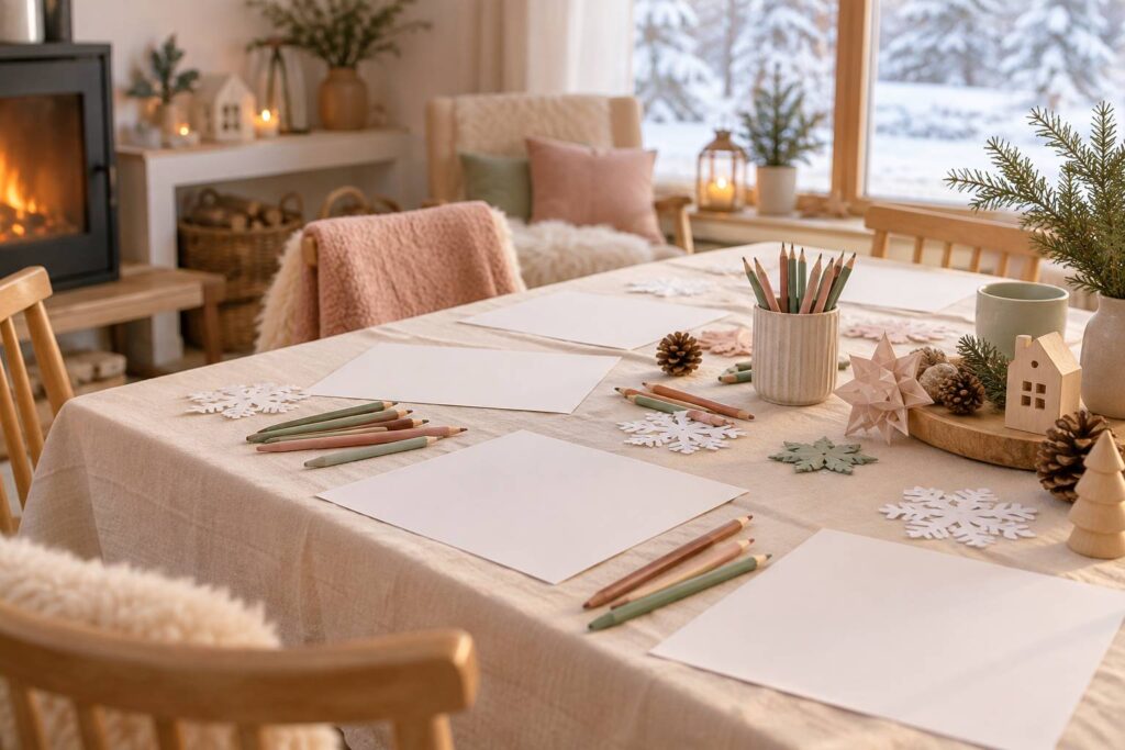 Table d'activites avec feuilles de coloriage vierges et crayons de couleur