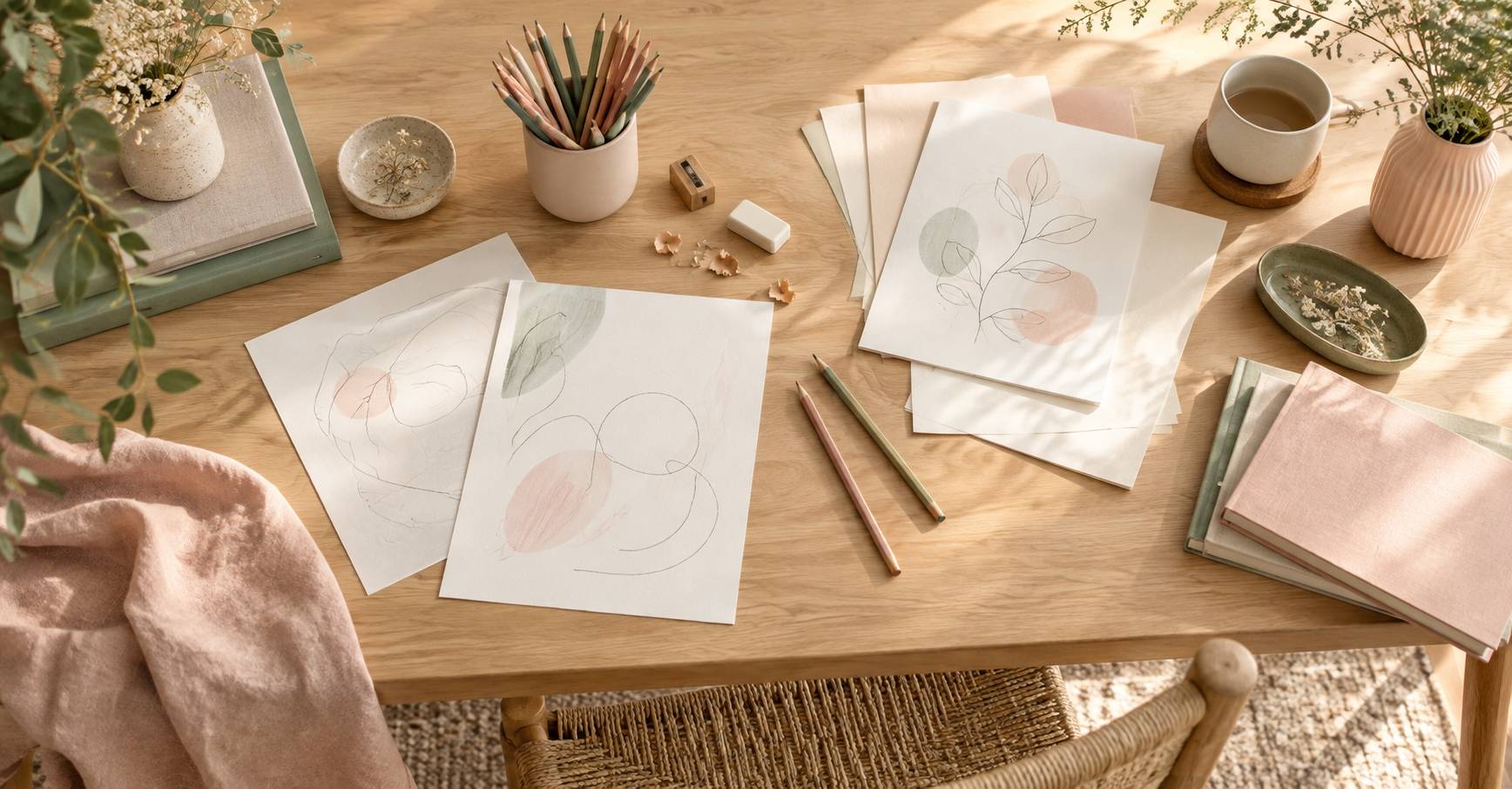Atelier creatif avec dessins au trait vierges et pot de crayons de couleur