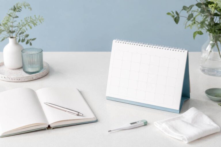Calendrier vierge et thermomètre posés sur une table claire