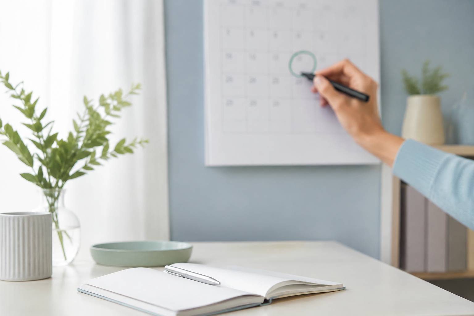 Main entourant une date sur un calendrier avec un carnet