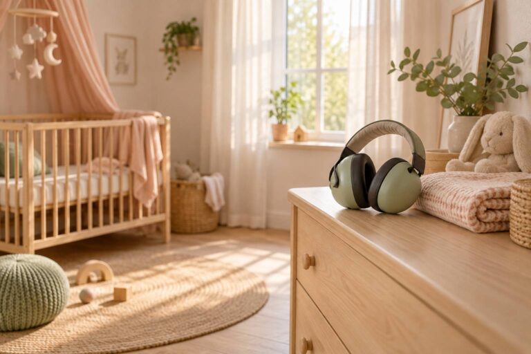 Casque anti-bruit pour bebe pose sur une commode dans une chambre claire