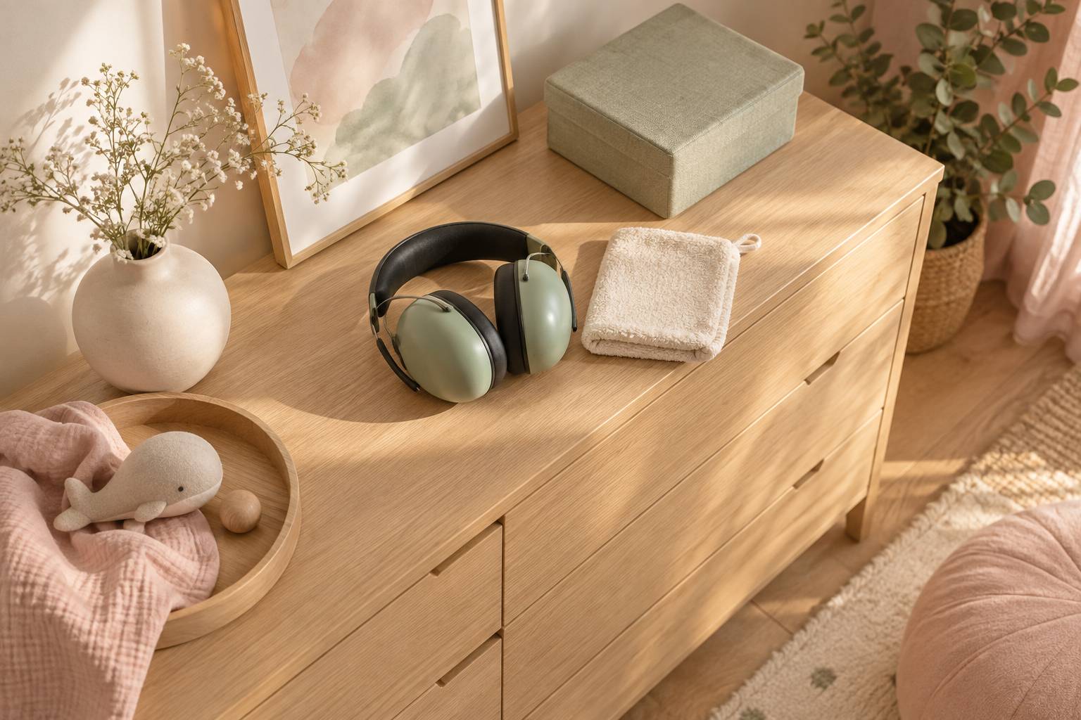 Casque anti-bruit et petits accessoires poses sur une commode en bois clair