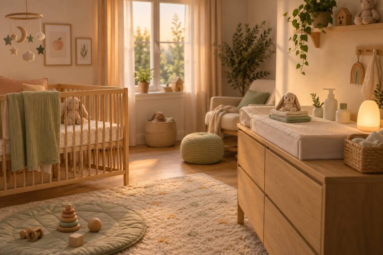 Chambre de bébé lumineuse avec berceau et produits de soin