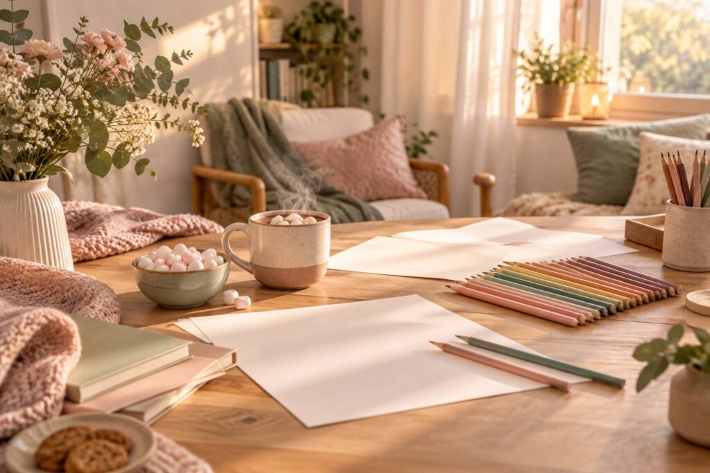 Table d'activité cosy avec feuilles vierges, crayons de couleur et chocolat chaud