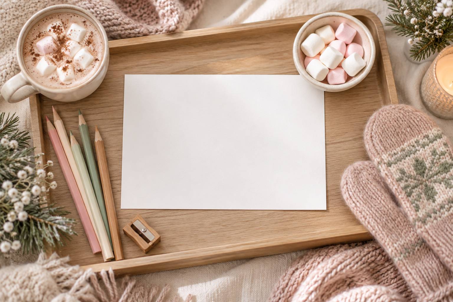 Feuille blanche vierge et crayons de couleur sur un plateau en bois