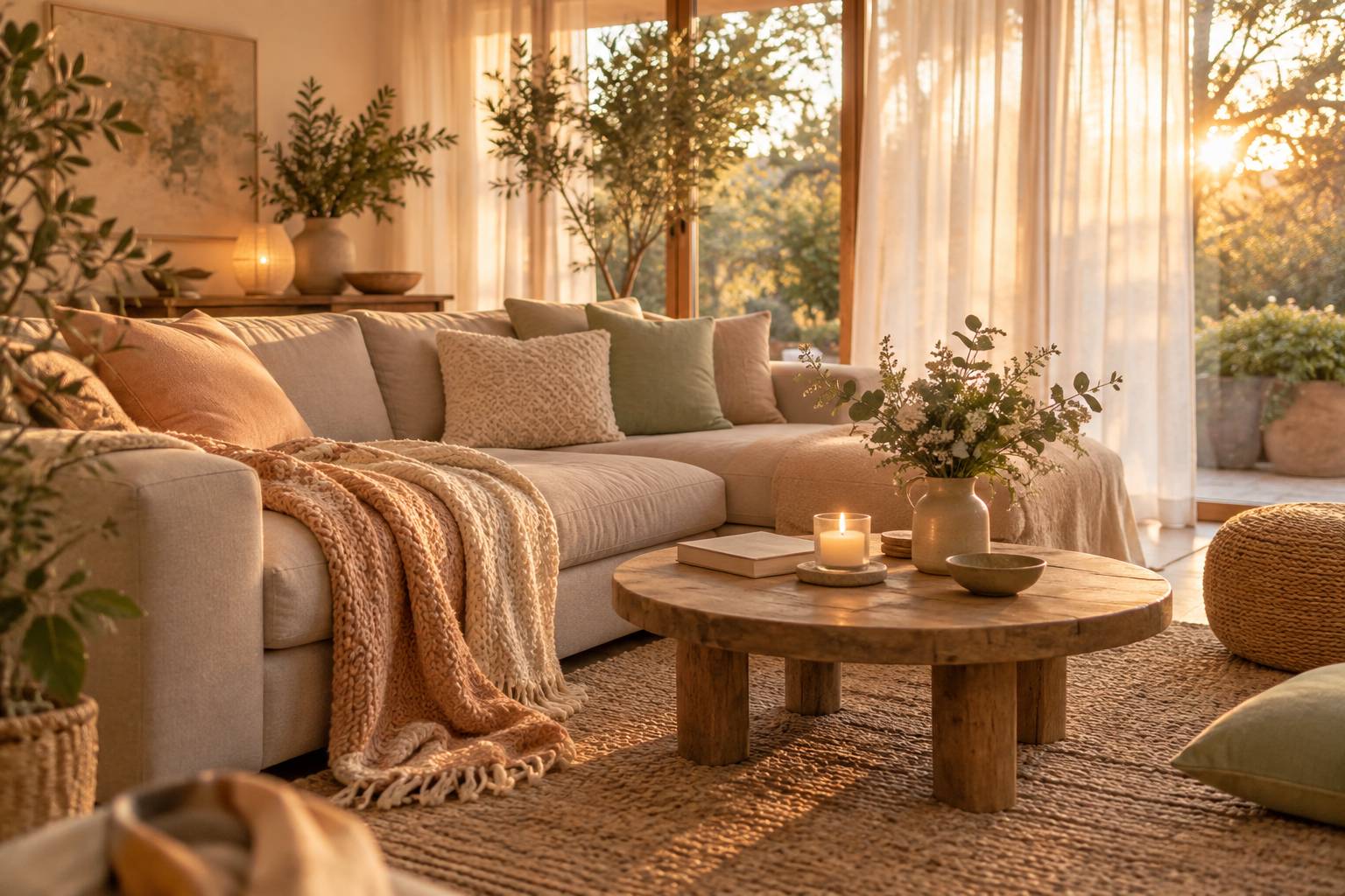 Plaid tricoté, bougie et livre sur une table basse dans un cocon apaisant