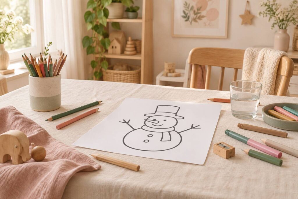 Feuille de coloriage d'un bonhomme de neige entouree de crayons de couleur sur une table
