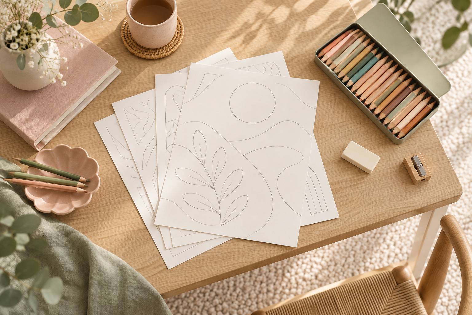Feuilles de coloriage et boite de crayons de couleur sur une table en bois clair