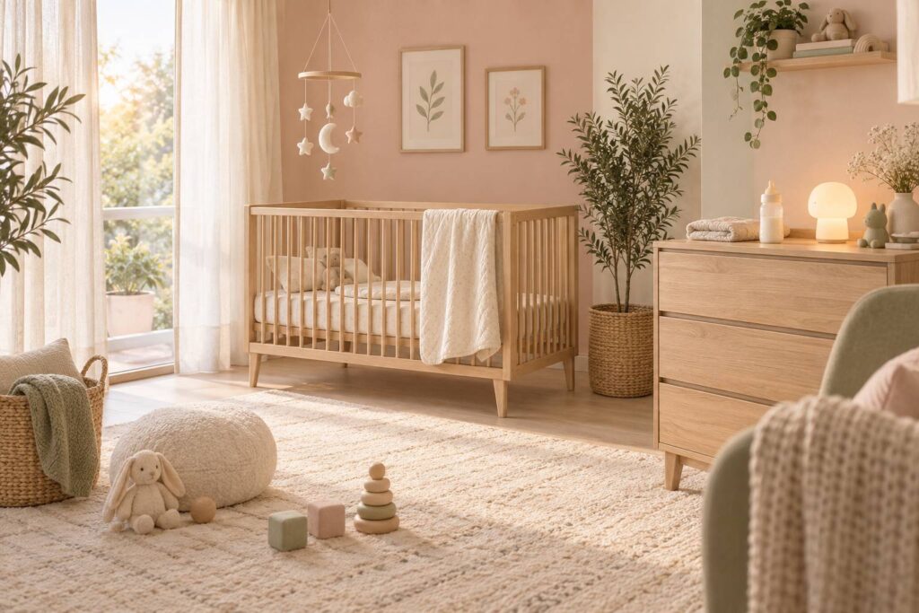 Chambre de bebe douce avec berceau et biberon sur une commode
