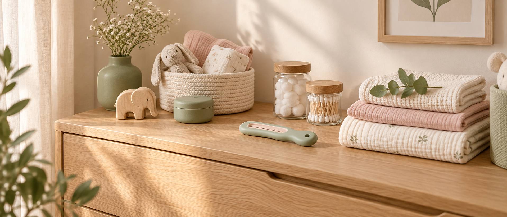 Commode de chambre de bebe avec linge plie et petits contenants