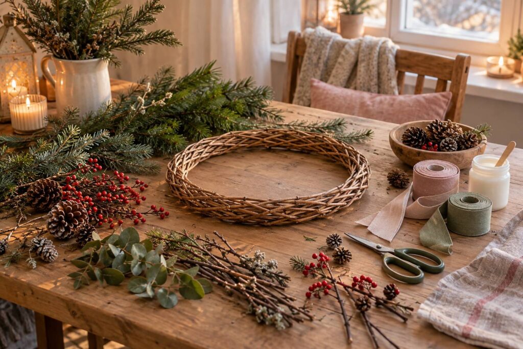 Couronne de Noel en osier garnie de branches de conifere et pommes de pin