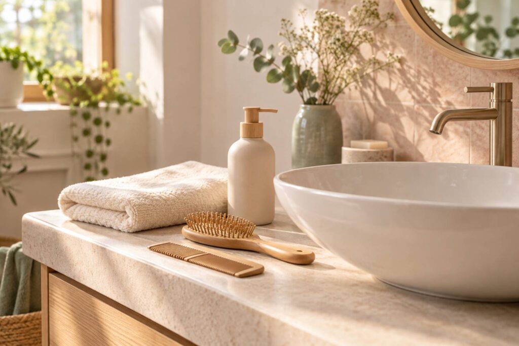 Peigne fin et brosse en bois poses sur le rebord d'un lavabo dans une salle de bain claire
