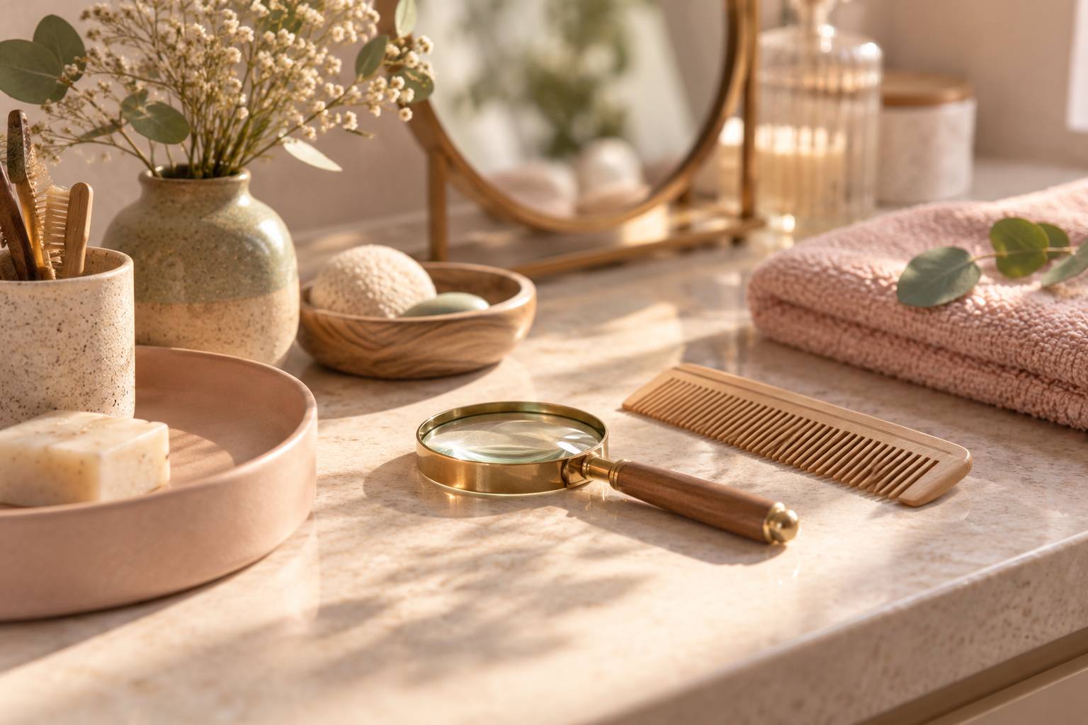 Loupe et peigne fin poses sur un plan de toilette clair