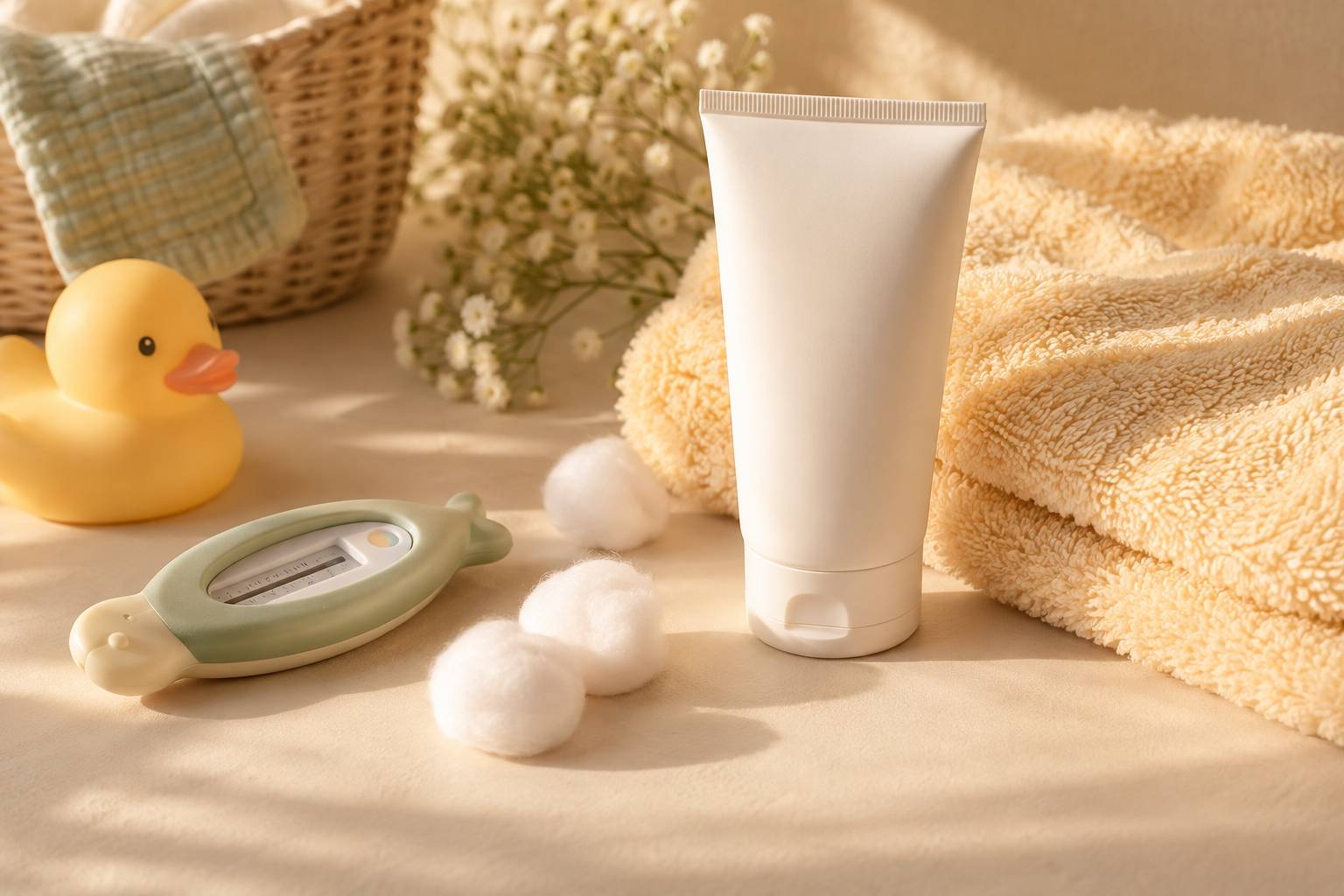Crème pour bébé, cotons et thermomètre sur une surface claire