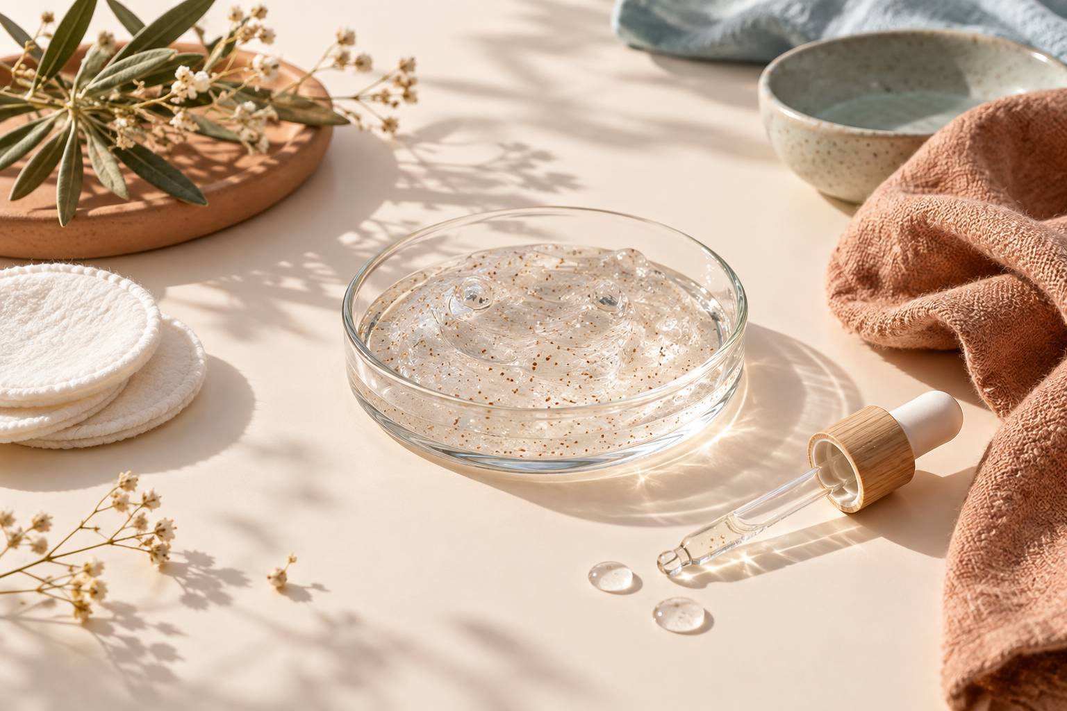 Détail d'un gel exfoliant pour le visage sur une coupelle en verre