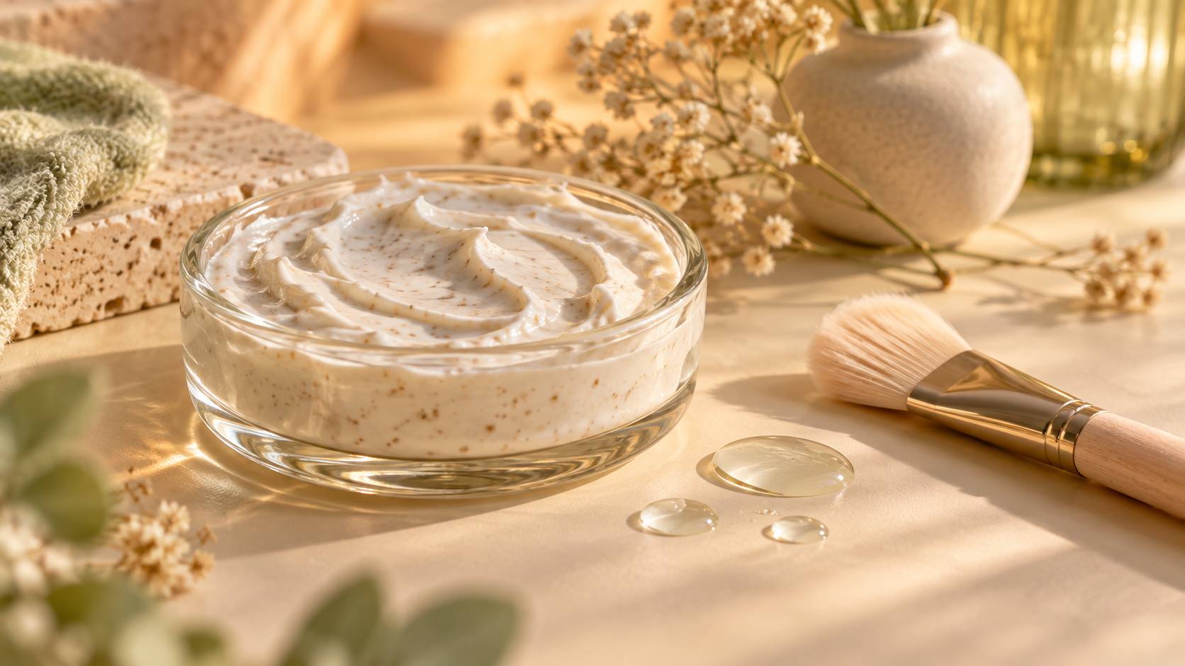 Détail de la texture d'une crème exfoliante pour le peeling du visage