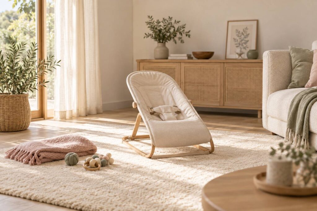 Transat pour bebe vide pose sur un tapis doux dans un sejour clair
