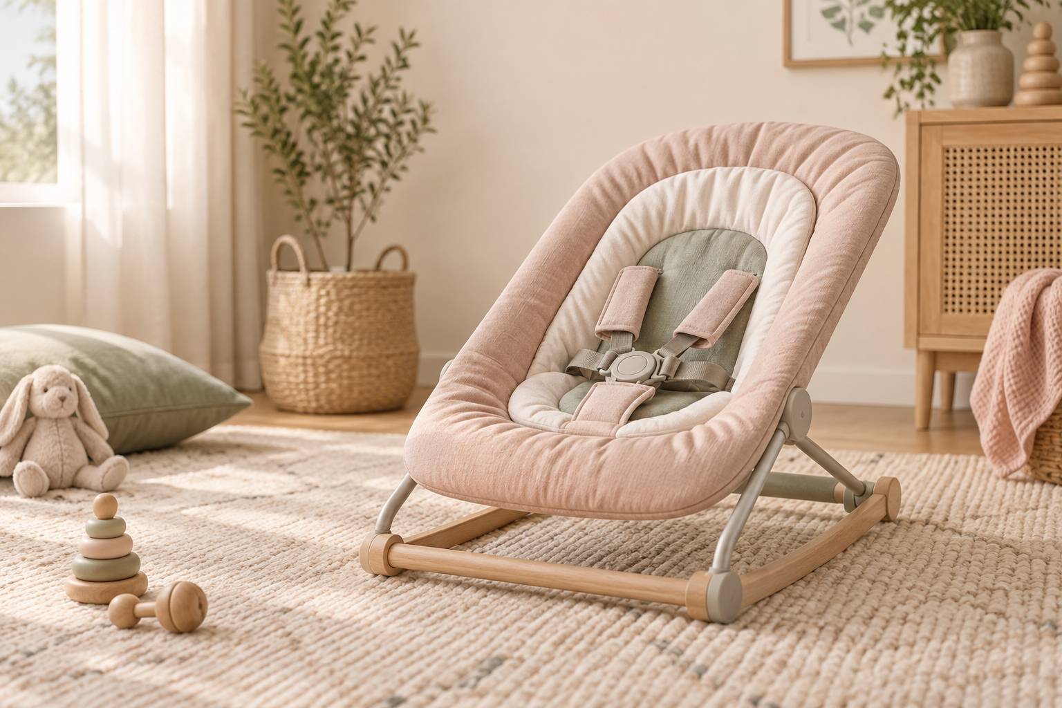 Gros plan d'un transat pour bebe vide avec harnais et coussin textile