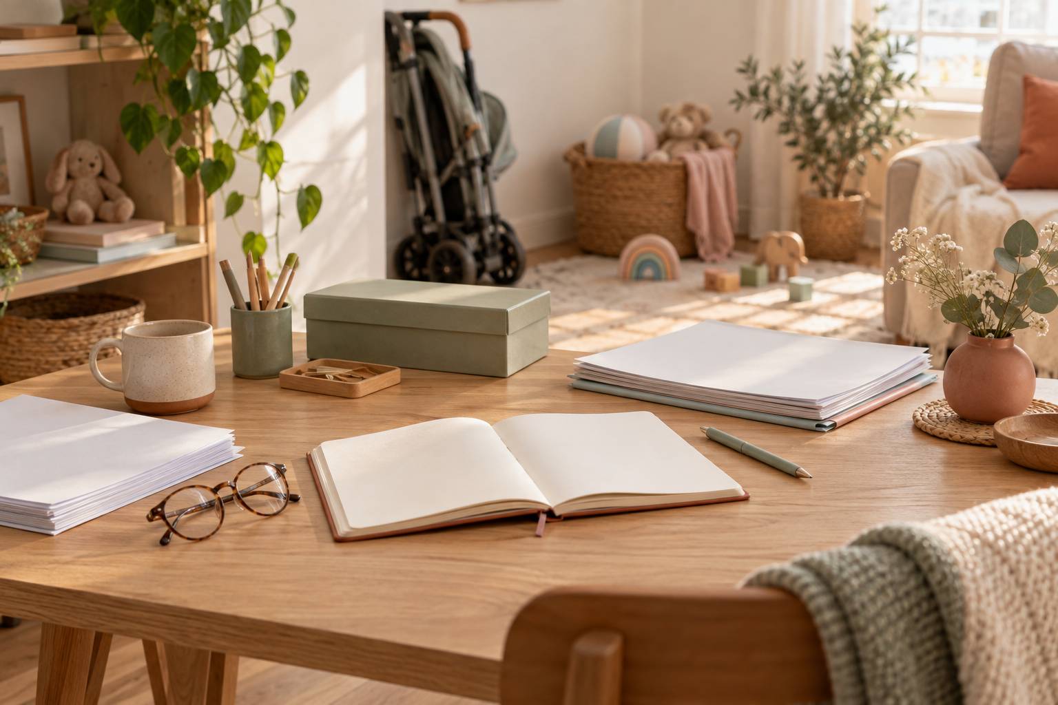 Bureau familial avec calendrier et documents évoquant le congé parental